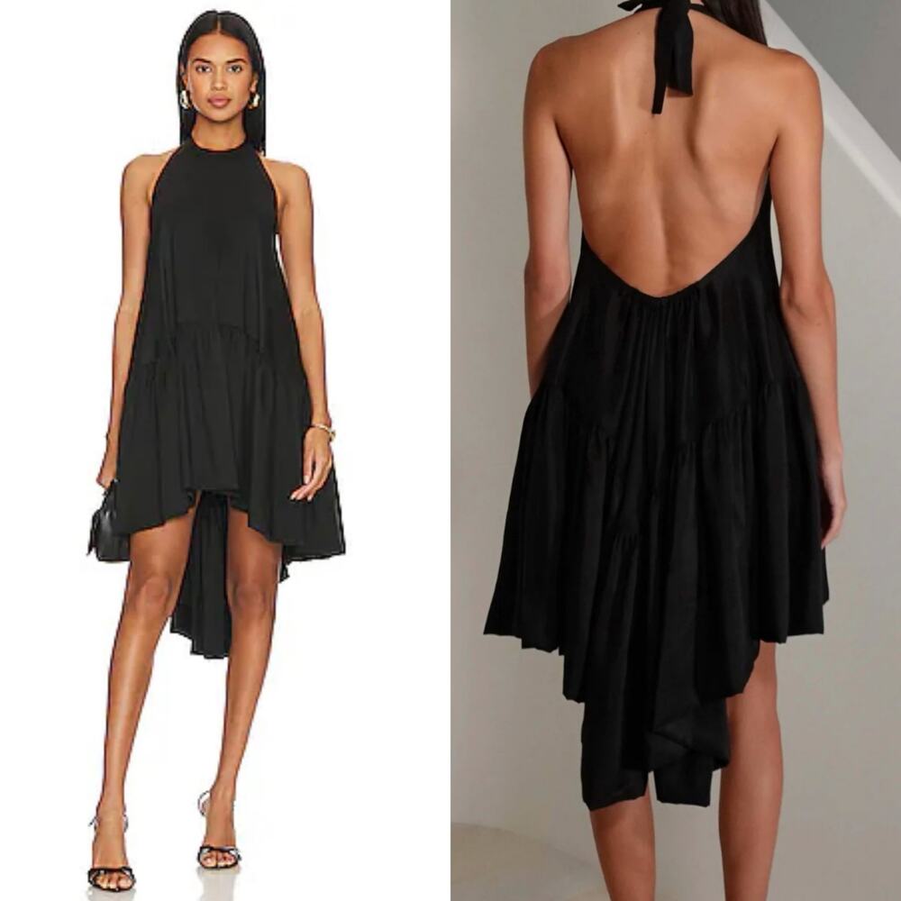 AZEEZA Winston Raw Silk Mini Dress Black High Low Halter Cocktail Party Size S